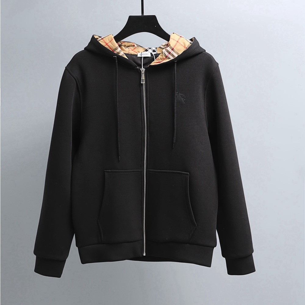 Black Zip-Up Hoodie with Plaid Lined Hood
